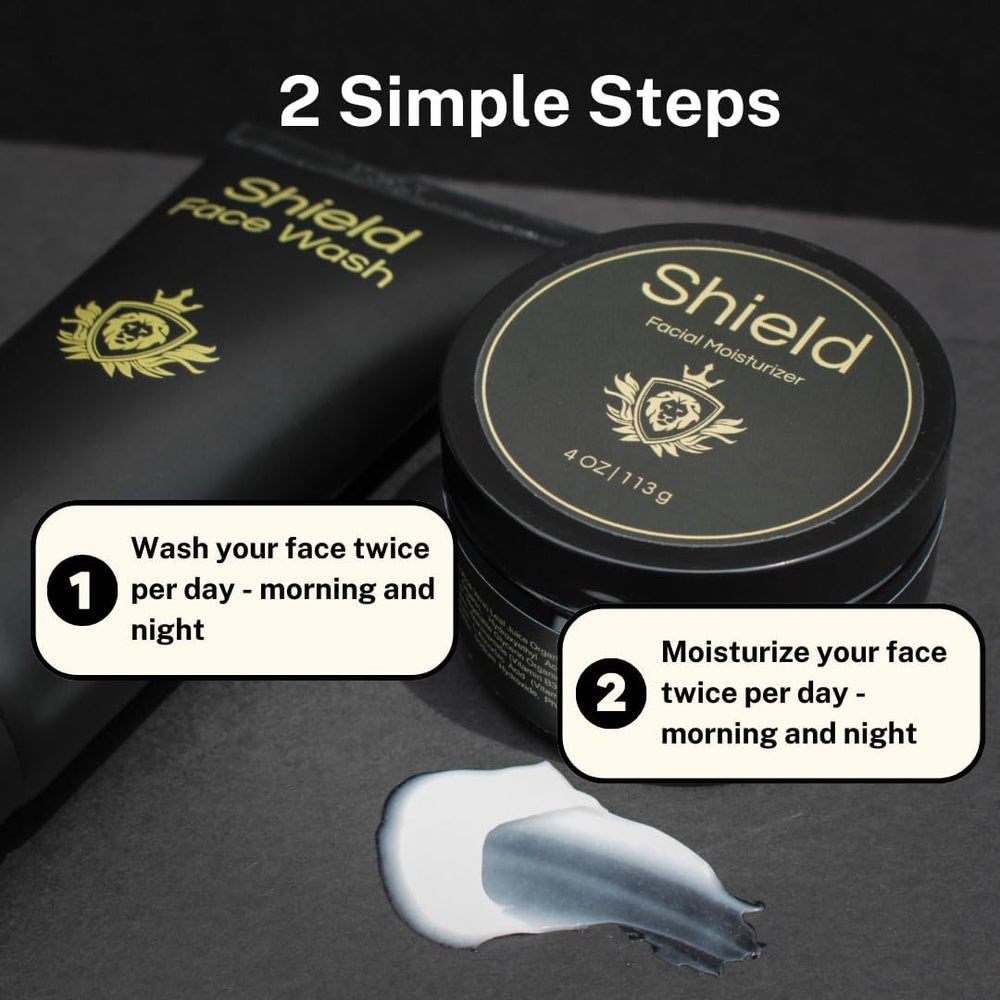 Shield face wash steps illustrate quick morning and evening cleansing.