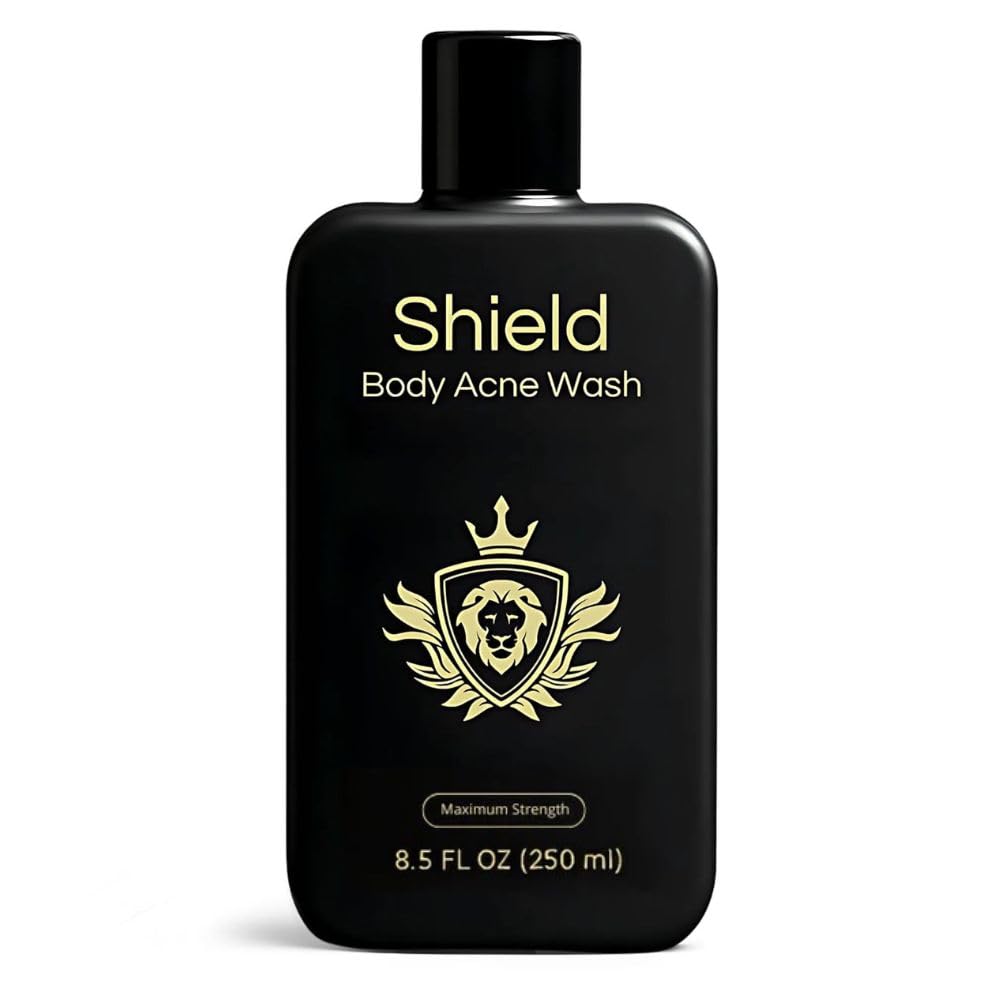 Shield Maximum Strength Body Wash bottle front showing unscented formula for back, chest, and shoulders.