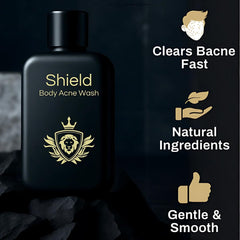 Shield Men's Acne Body Wash back-shoulder area view signaling fragrance-free cleansing