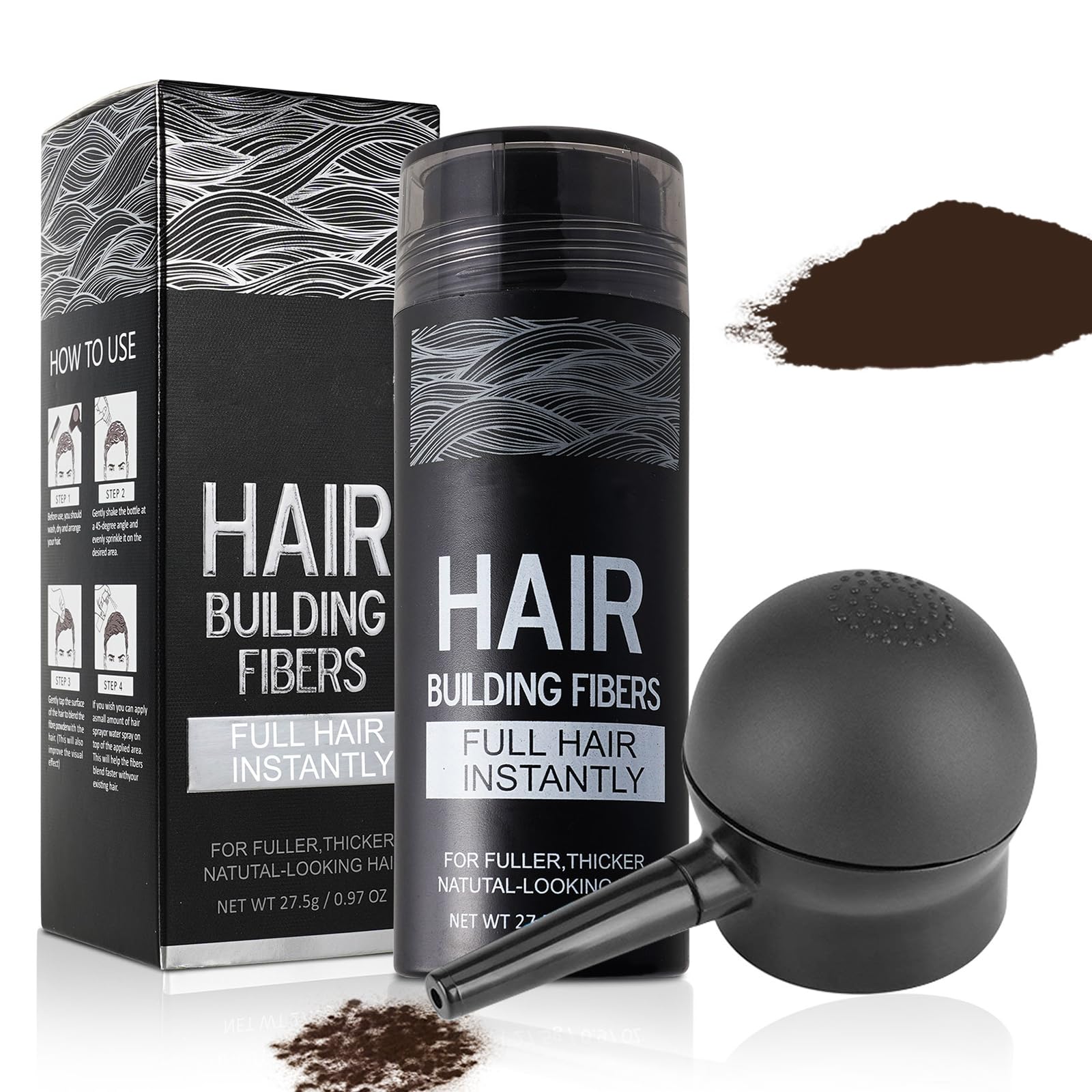 SHIFAKOU hair-building fibers with spray applicator for precise thinning-area coverage.
