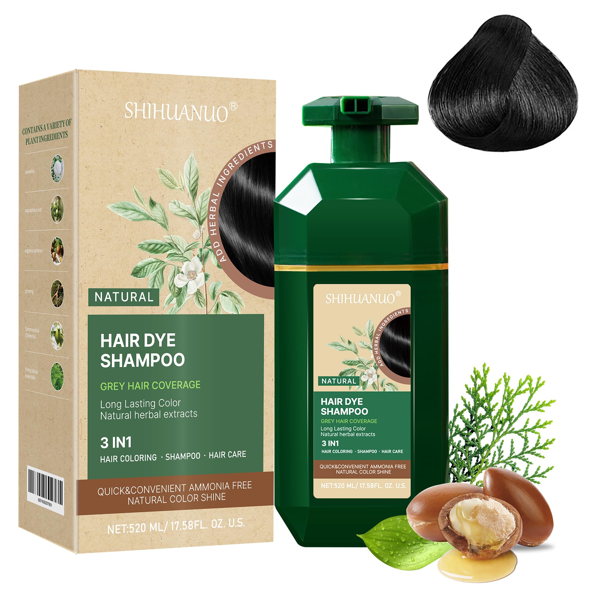 SHIHUANUO bottle—black hair dye shampoo for gray coverage