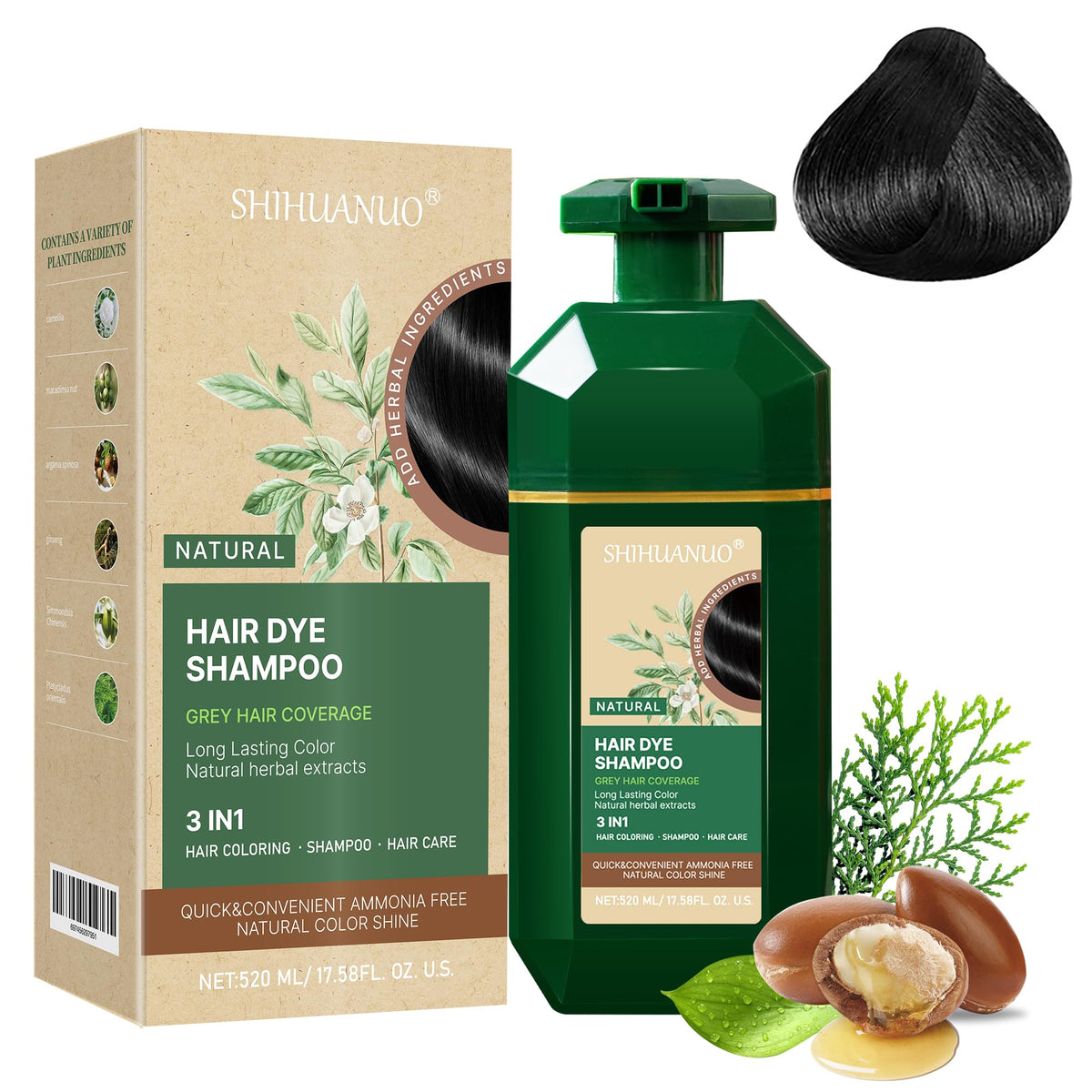 SHIHUANUO bottle—black hair dye shampoo for gray coverage