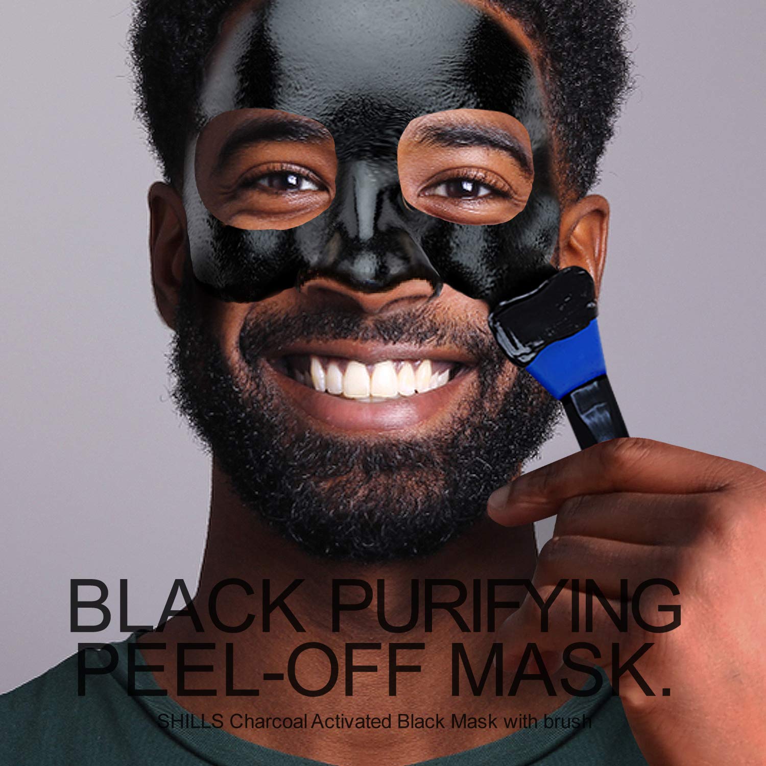 SHILLS charcoal mask for men application close-up showing even pore cleansing.