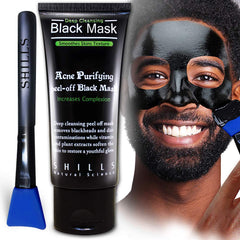SHILLS charcoal mask for men bottle and brush-set showing purifying treatment.