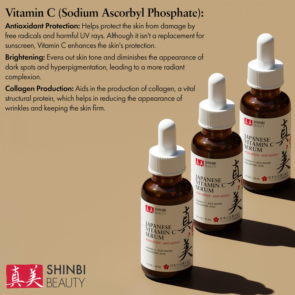 Shinbi Beauty glass bottle and clean packaging signaling premium Japanese formulation.