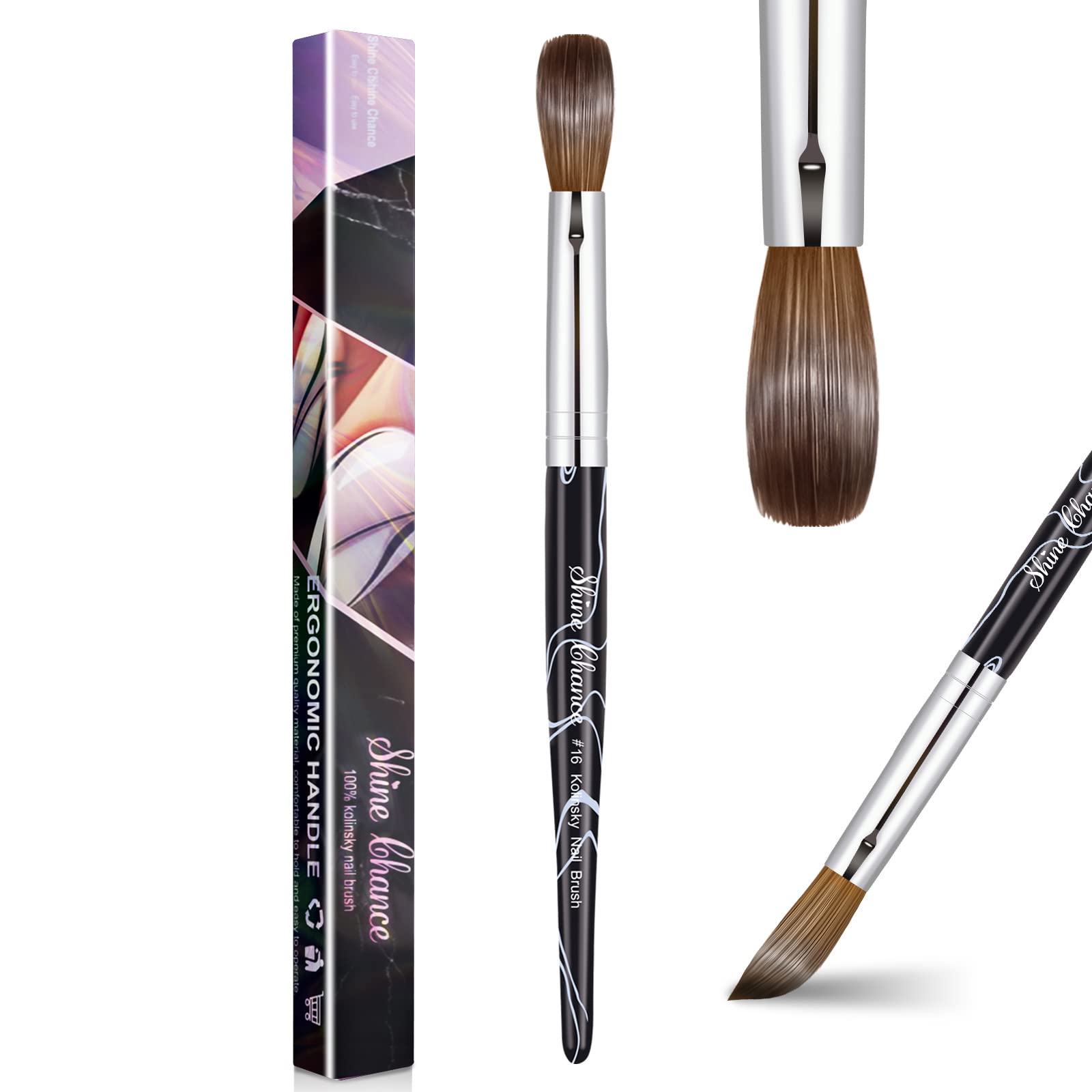 Shine Chance acrylic nail art brush size 16 close-up showcases premium kolinsky hair for precise powder application.