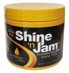 Shine 'n Jam Conditioning Gel extra hold jar showcases versatile styling with lasting control.