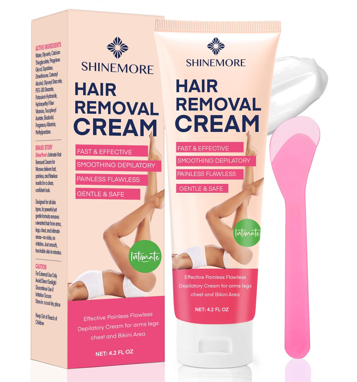 ShineMore intimate cream bottle and packaging for convenient at-home depilation.