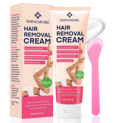 ShineMore intimate cream bottle and packaging for convenient at-home depilation.
