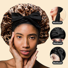 SHINEONME leopard-pattern satin sleep cap showing wrap-ready wide band