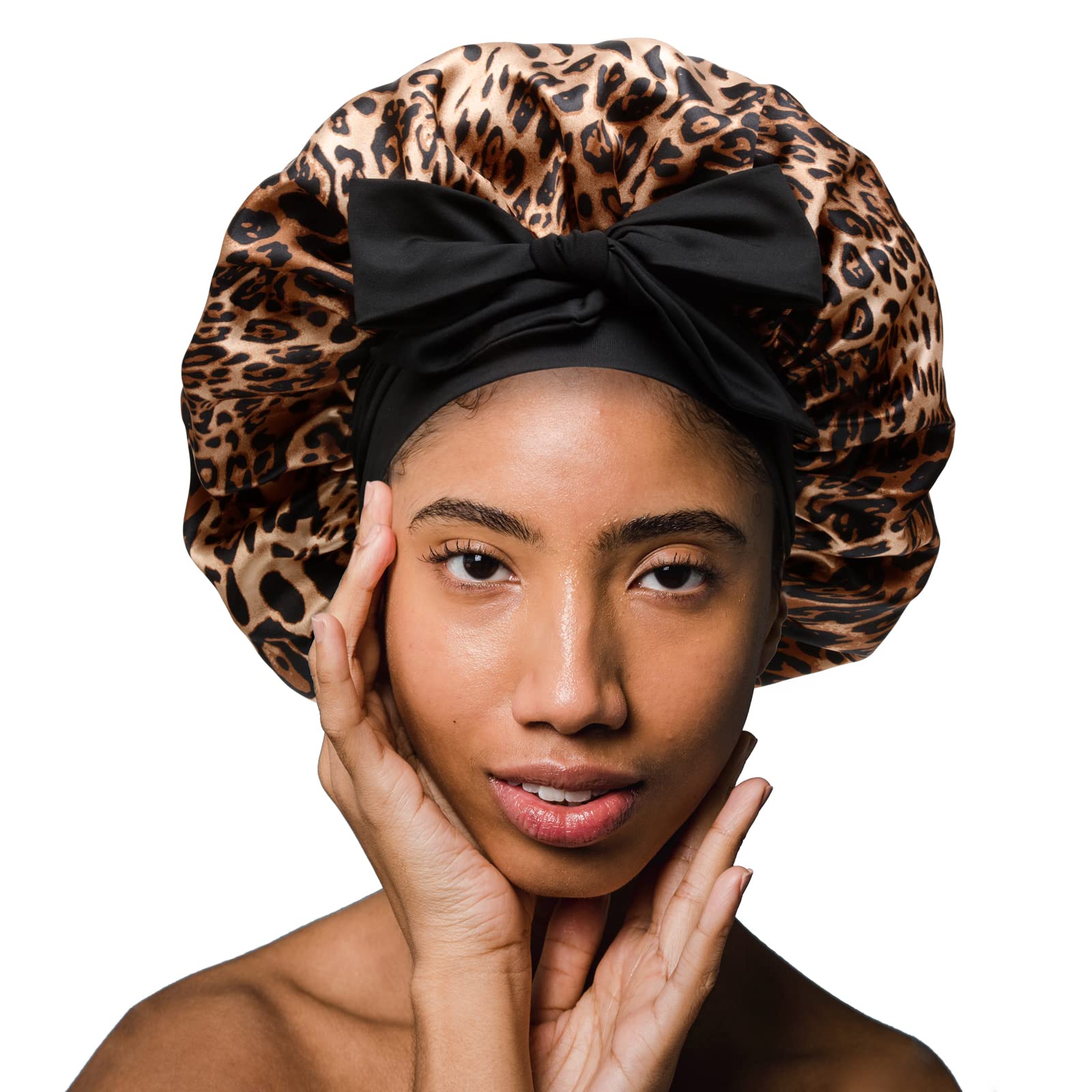 SHINEONME satin hair bonnet leopard on head for secure, comfortable sleep