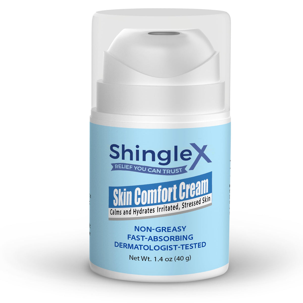 ShingleX Moisturizing Skin Cream bottle shows fragrance-free daily hydration for sensitive skin.