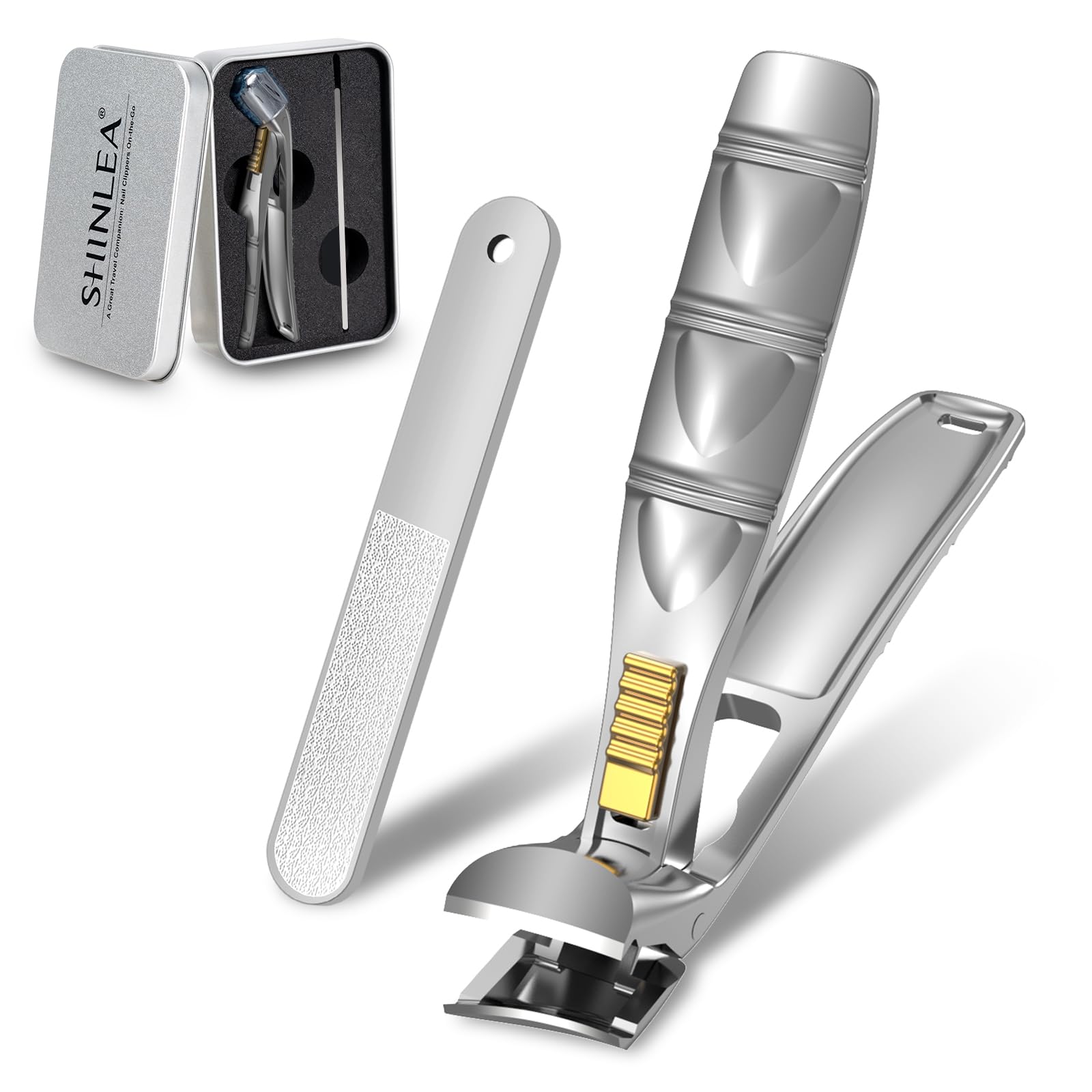 SHINLEA nail clippers with catcher showing tidy trimming and contained clippings.