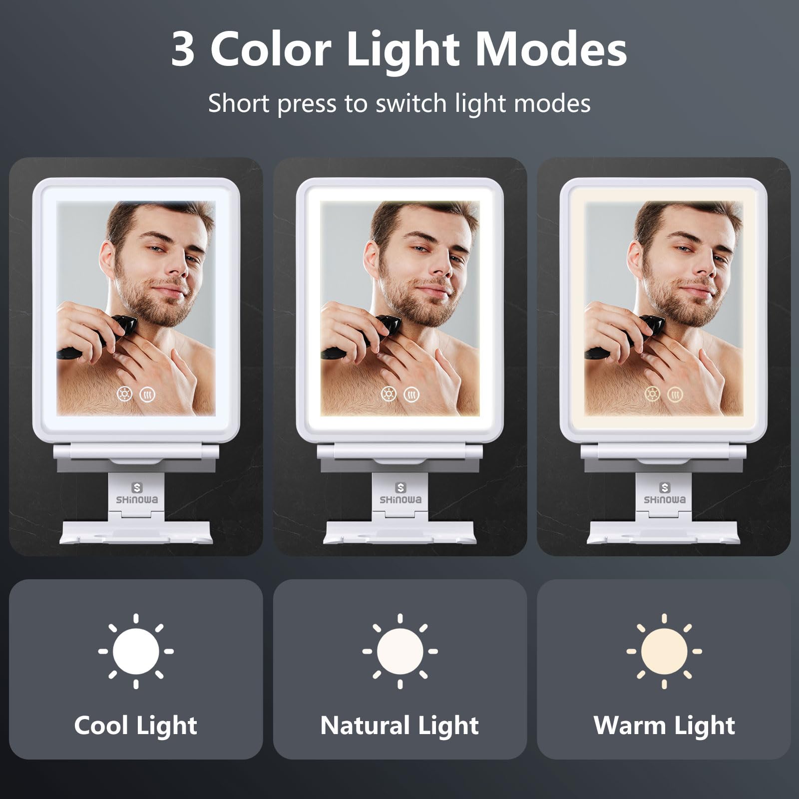 Shinowa heated mirror with 3-color dimmable light for precise shaving under any time of day.
