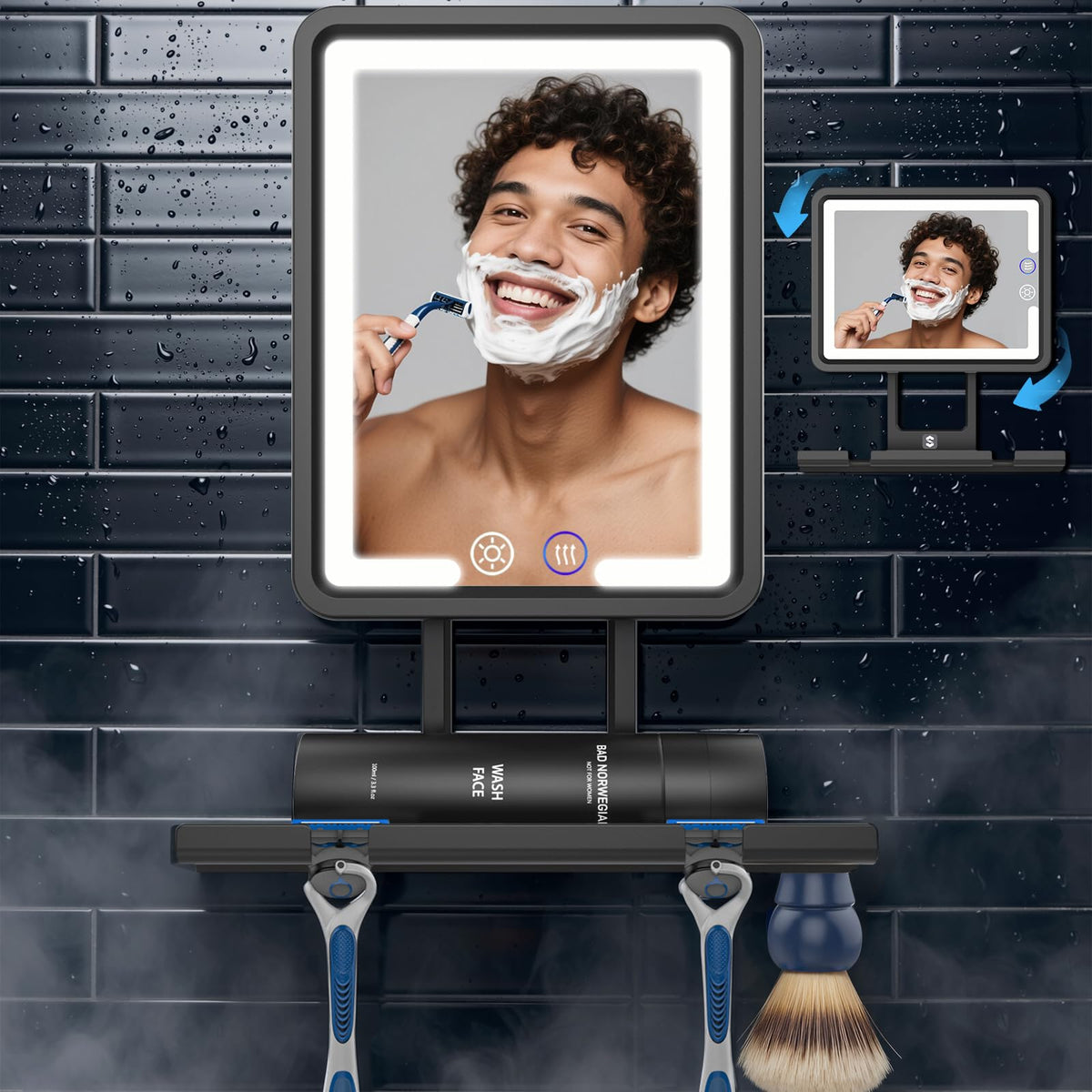 Shinowa heated shower mirror fogless shows a clear shave view in the steamy shower.