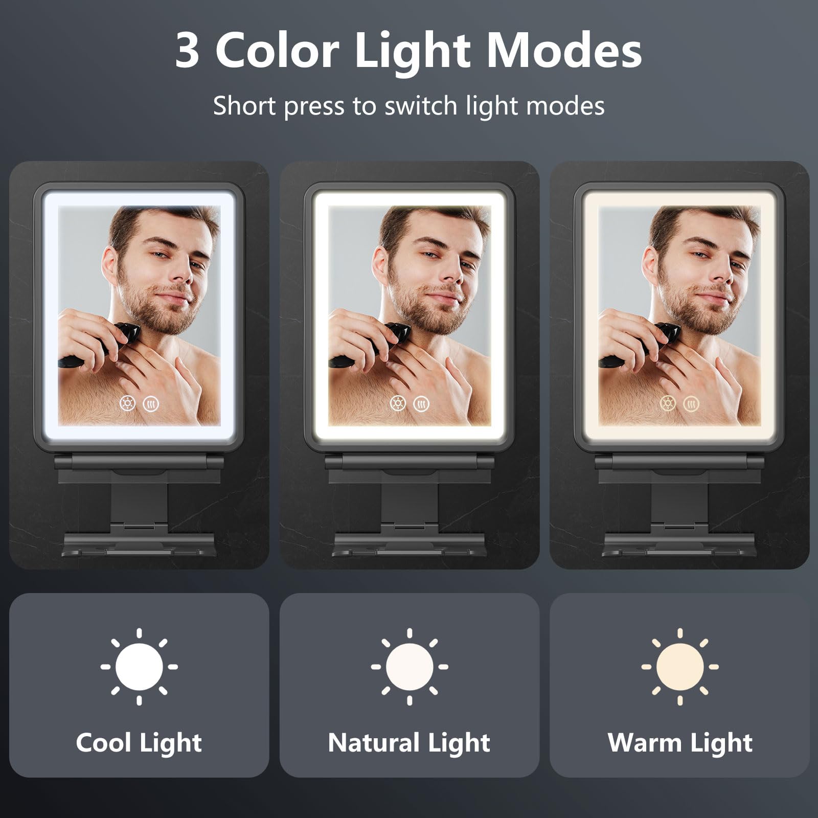 Shinowa mirror heating indicator showing fog‑free readiness in minutes.