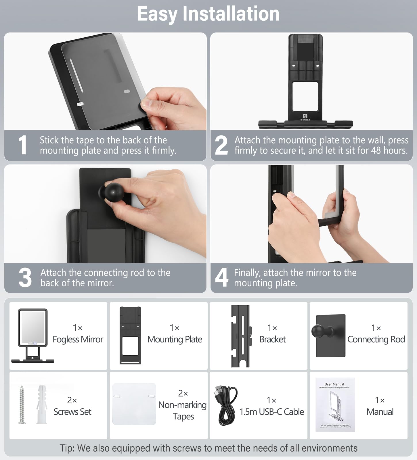 Shinowa IP66-rated mirror handles high humidity and steam safely.