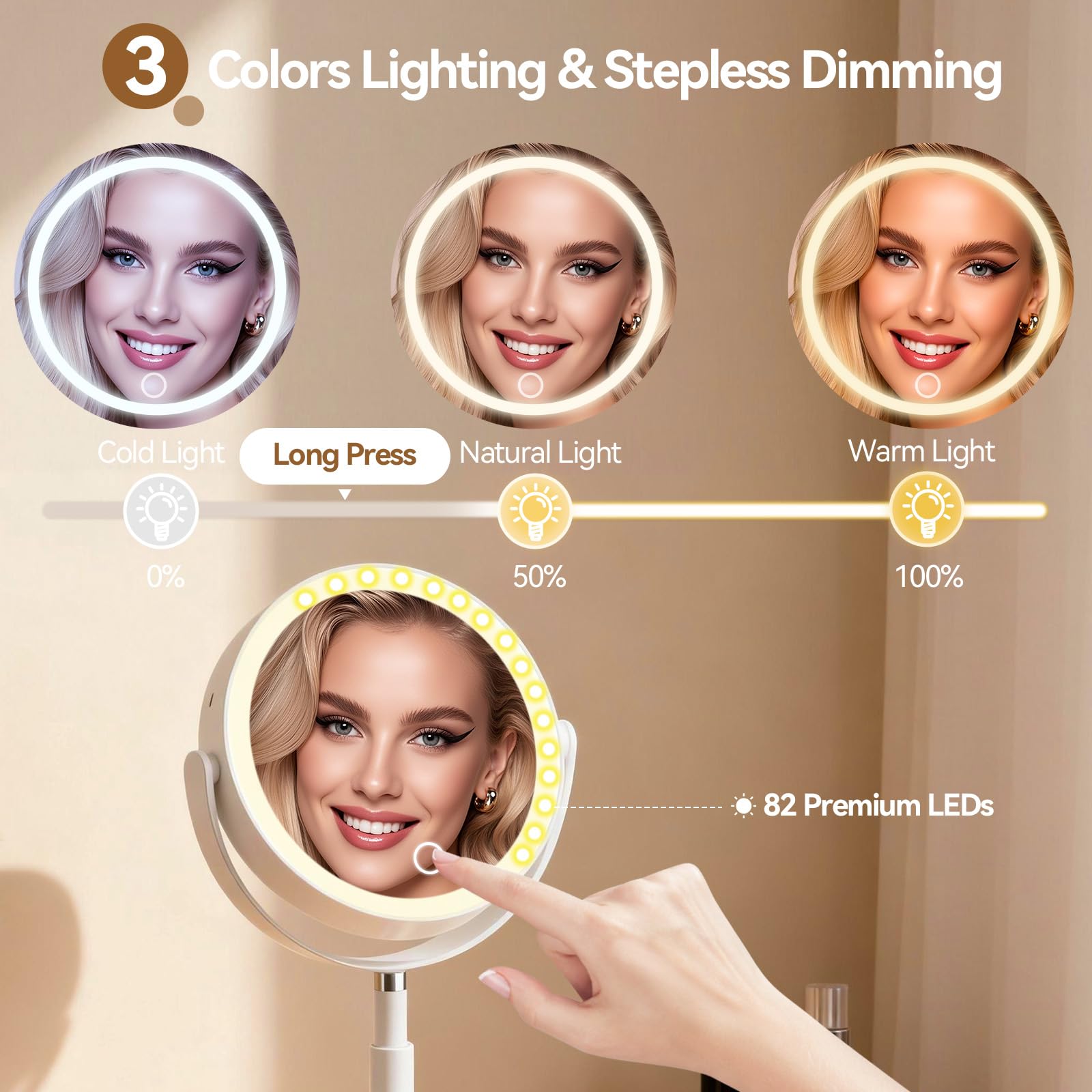 Shinowa rechargeable makeup mirror with long-lasting battery for cordless use