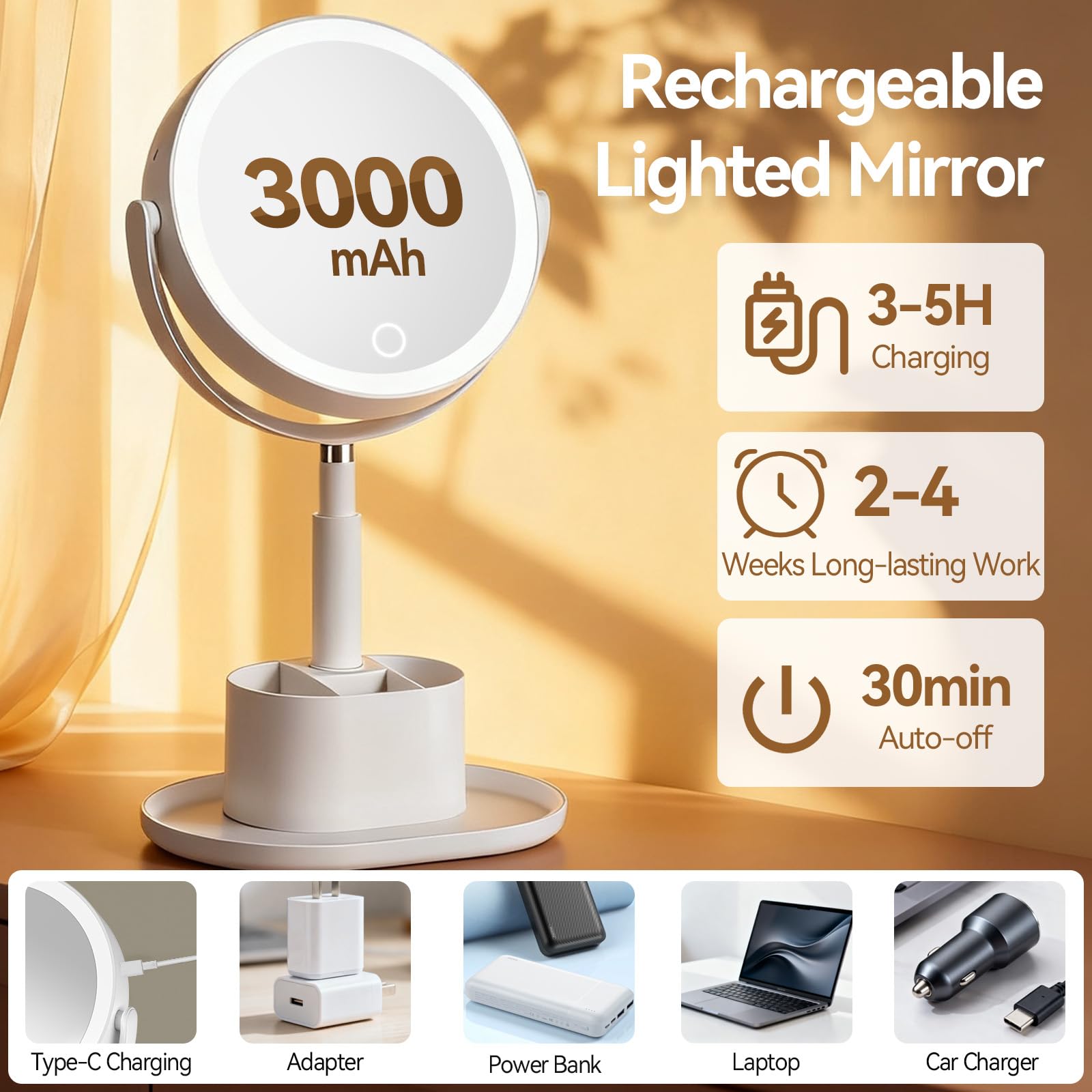 Shinowa mirror base stores brushes and cosmetics, saving desk space