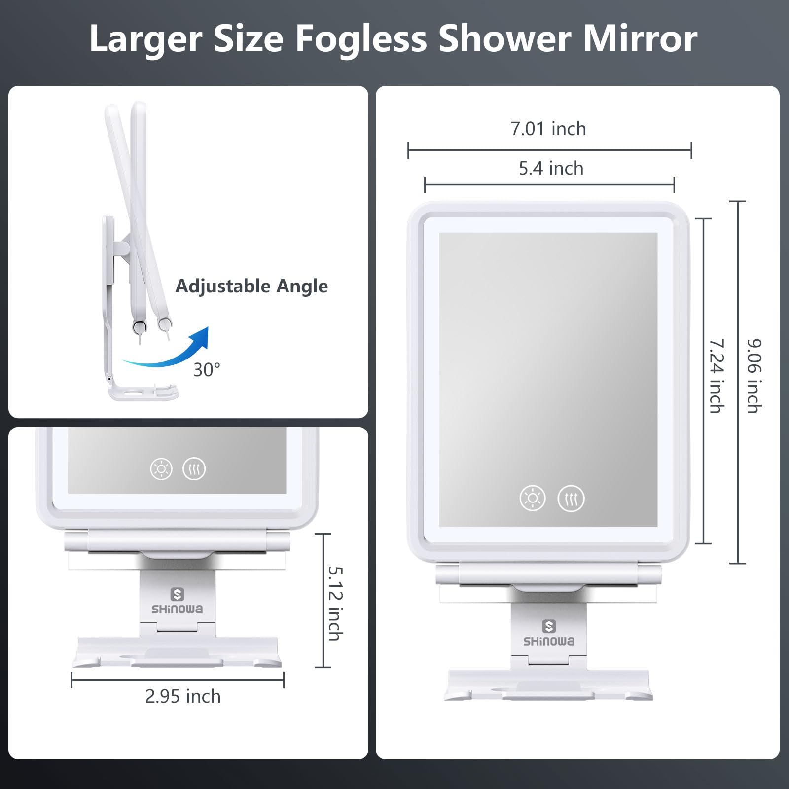Shinowa wall-mount shower mirror with easy non-marking tape installation.