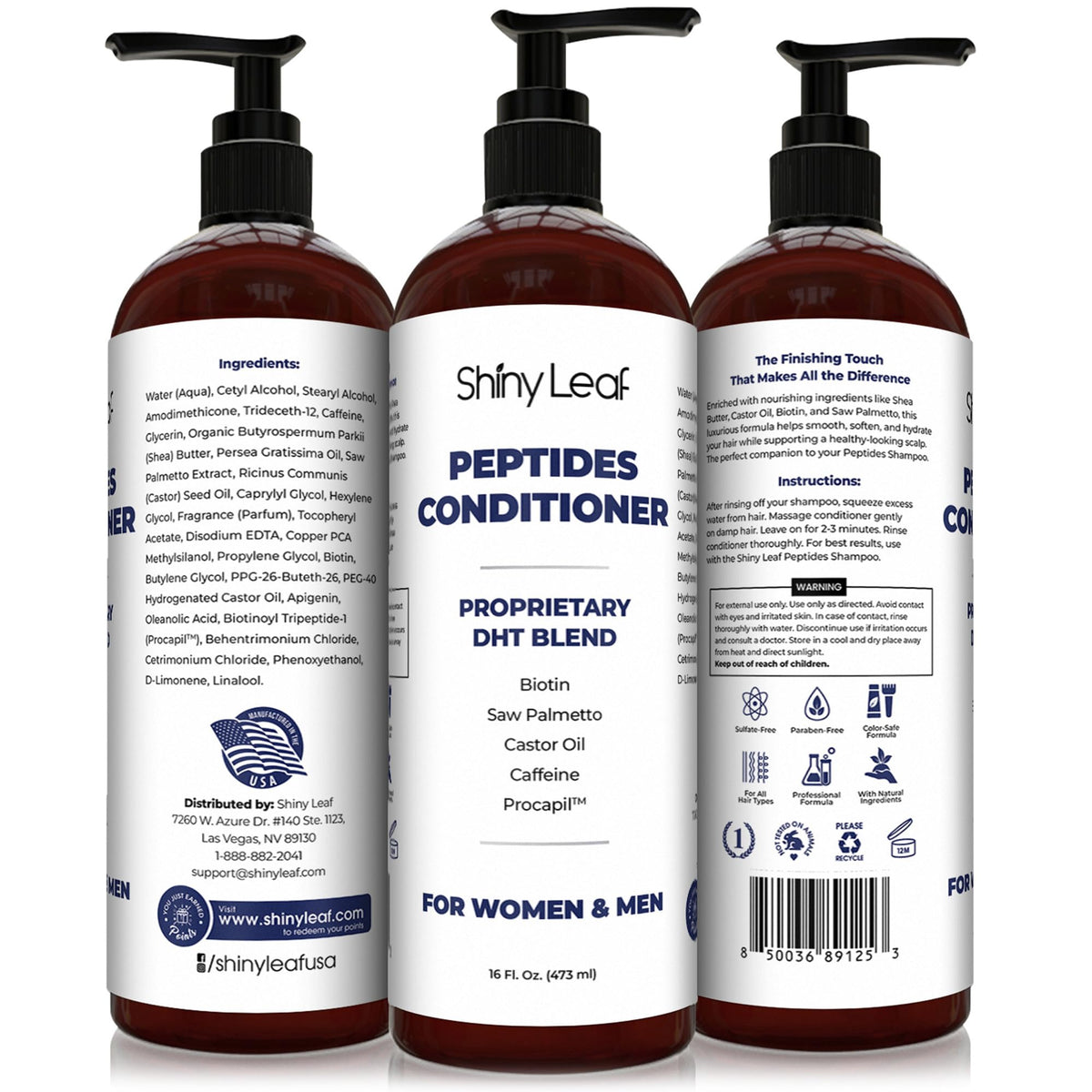Shiny Leaf anti-thinning conditioner bottle closeup promoting fuller-looking hair