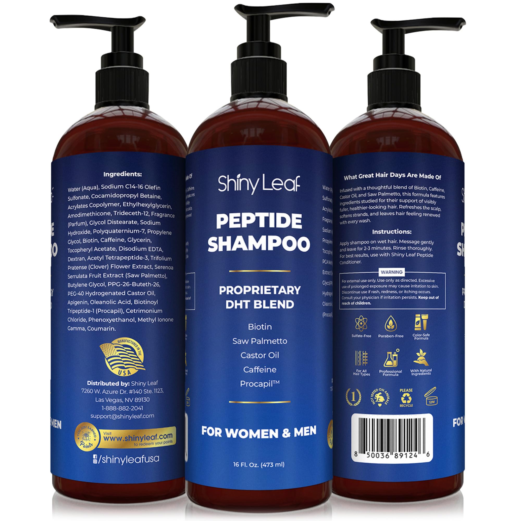 Shiny Leaf back-label highlights sulfate- and paraben-free formula.