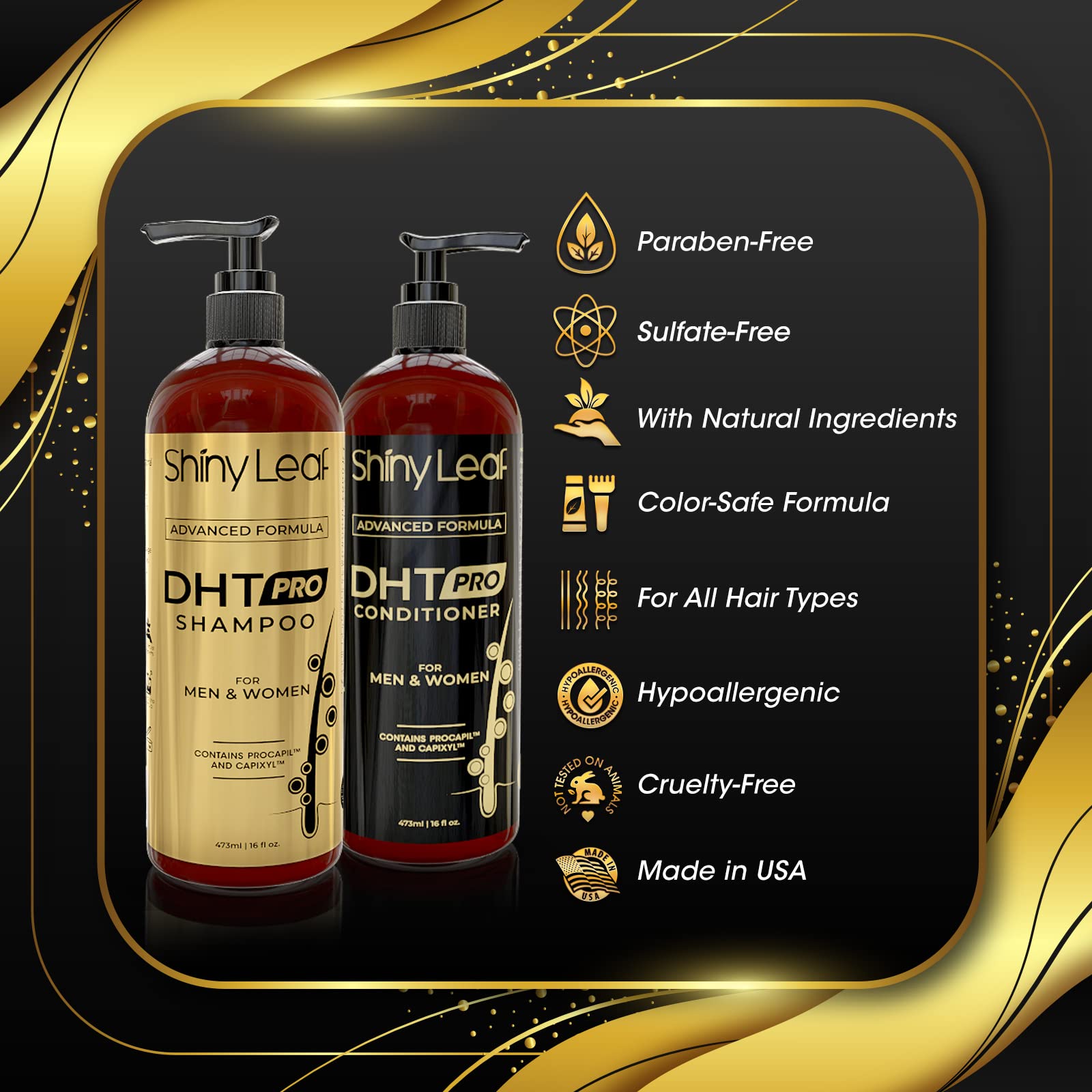 Shiny Leaf DHT Pro on bathroom shelf suggests daily grooming routine.