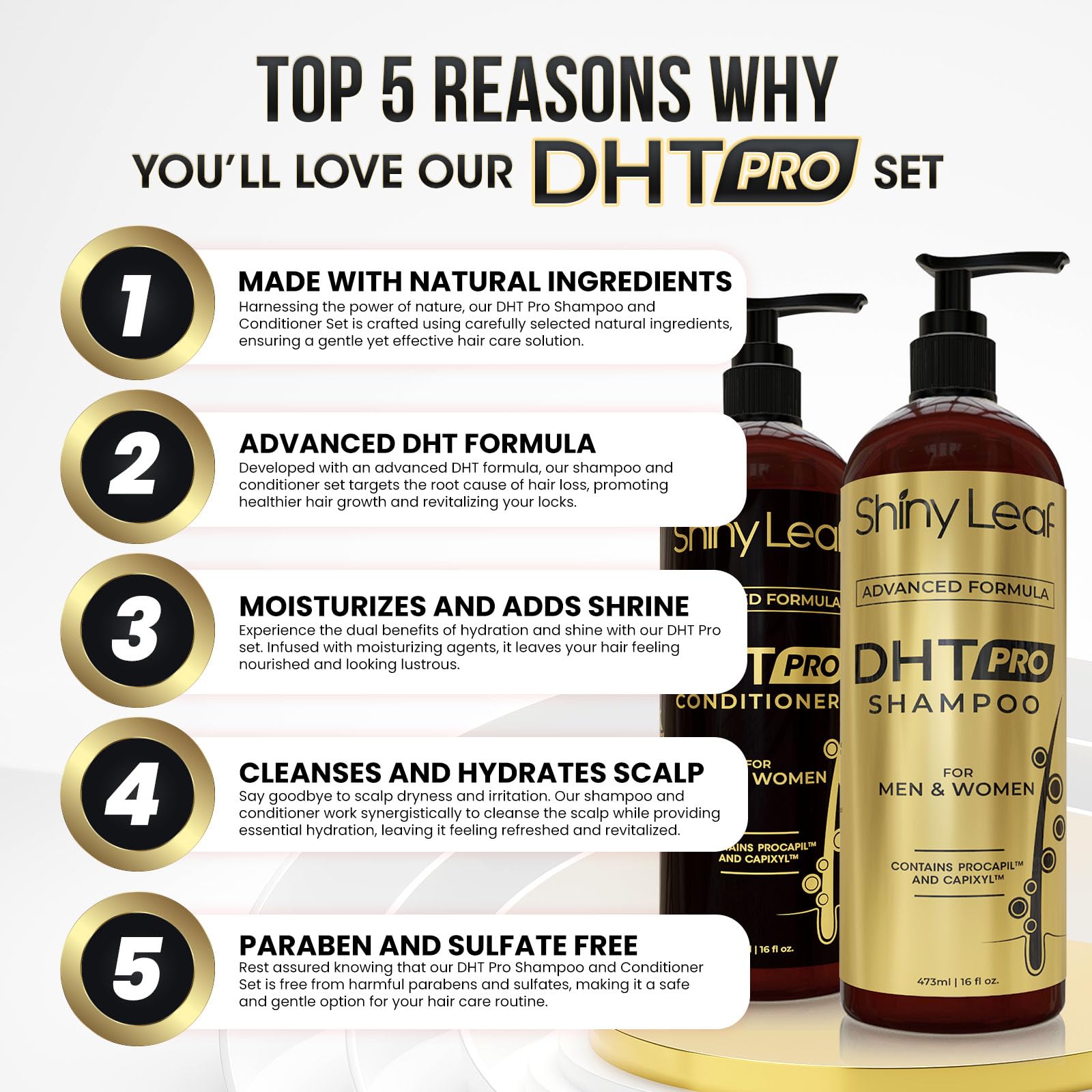 Shiny Leaf DHT Pro conditioner bottle promotes smoother hair with hydrating elements.