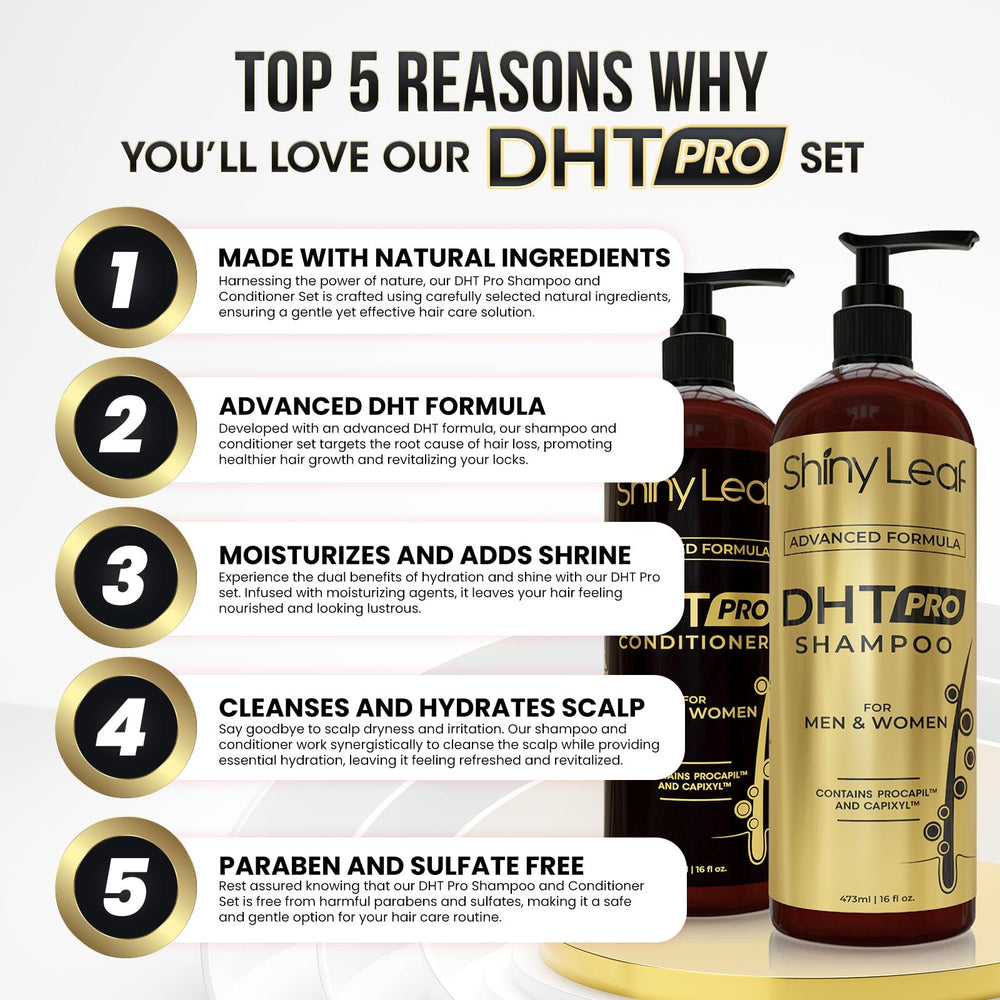 Shiny Leaf DHT Pro conditioner bottle promotes smoother hair with hydrating elements.