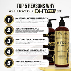 Shiny Leaf DHT Pro conditioner bottle promotes smoother hair with hydrating elements.