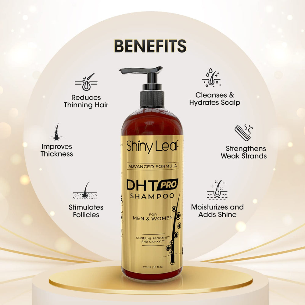 Shiny Leaf DHT Pro ingredients bottle highlights natural extracts and DHT blockers.