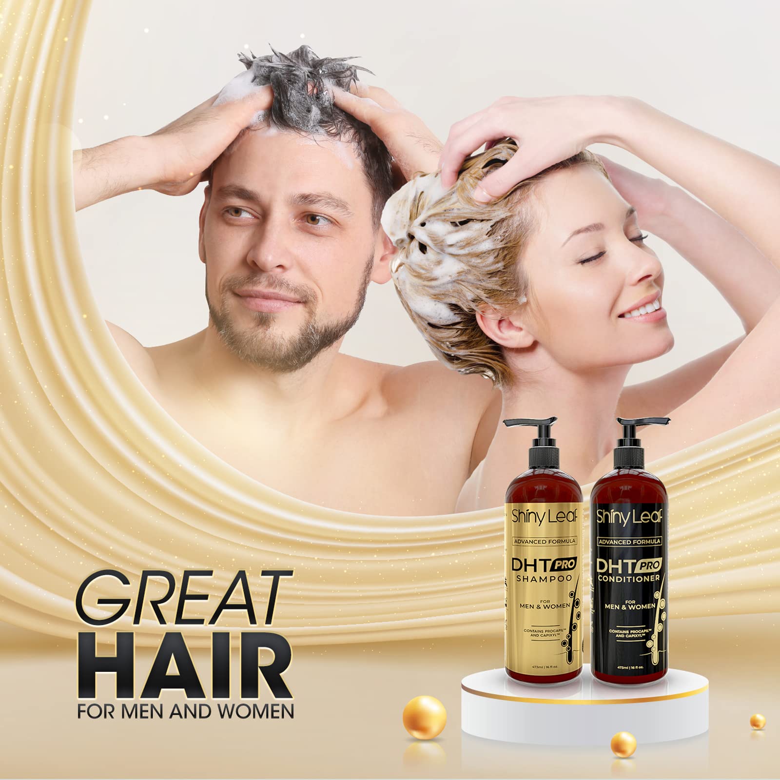Shiny Leaf DHT Pro packaging on display conveys premium care for all hair types.