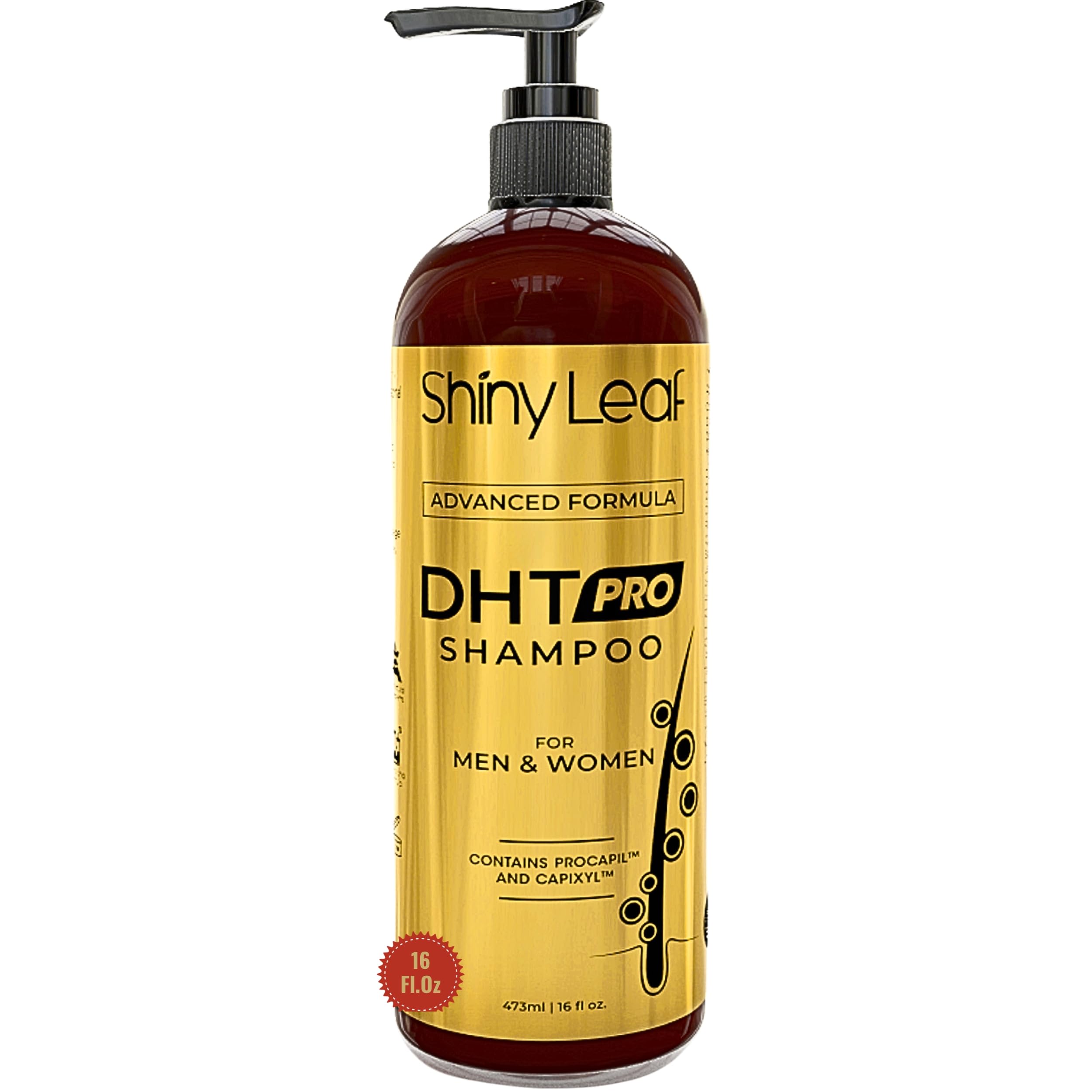 Shiny Leaf DHT Pro Shampoo bottle with advanced formula for fuller hair