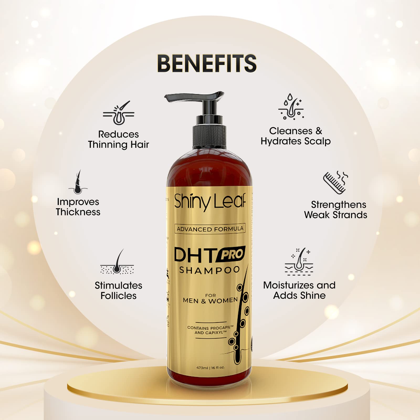 Shiny Leaf DHT Pro Shampoo splash captures refreshing wash