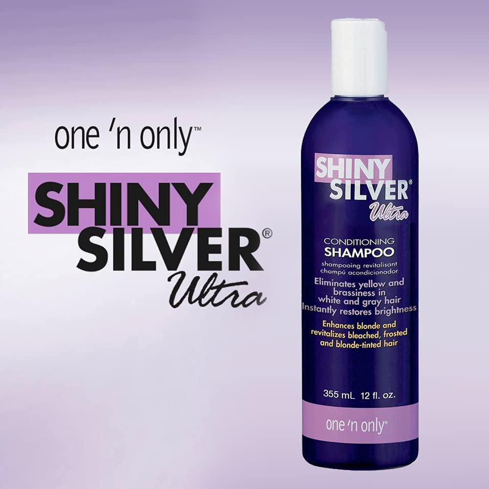 Shiny Silver Shampoo ingredient panel highlighting lavender, lemon, grapefruit for conditioning and scent.