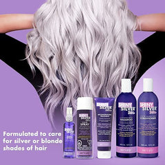 Shiny Silver Shampoo purple-toning bottle closeup showing violet pigments for brassiness reduction.