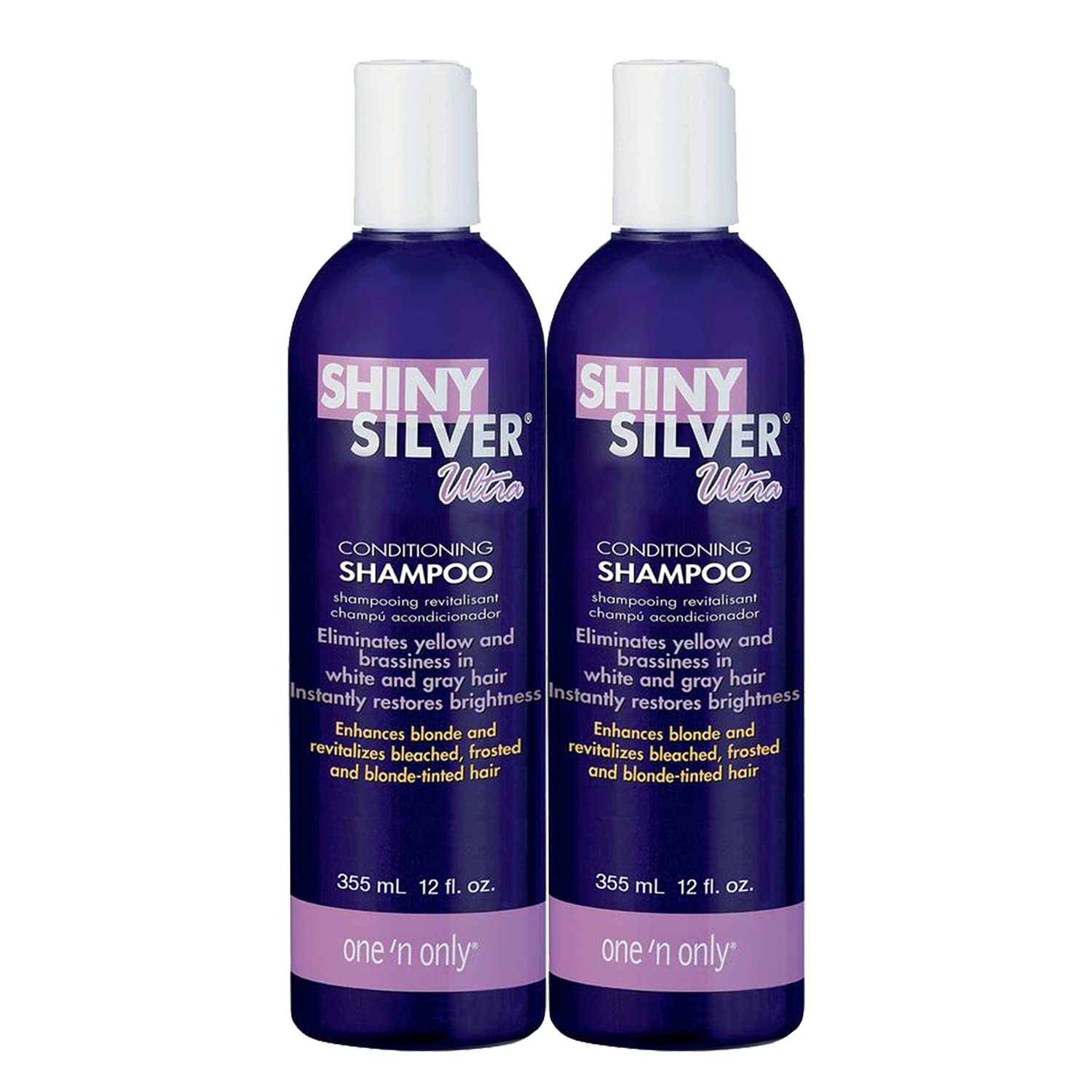 Shiny Silver Shampoo Ultra Conditioning bottle pouring to tone brassiness on blond hair.