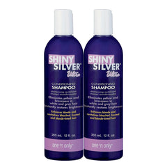 Shiny Silver Shampoo Ultra Conditioning bottle pouring to tone brassiness on blond hair.
