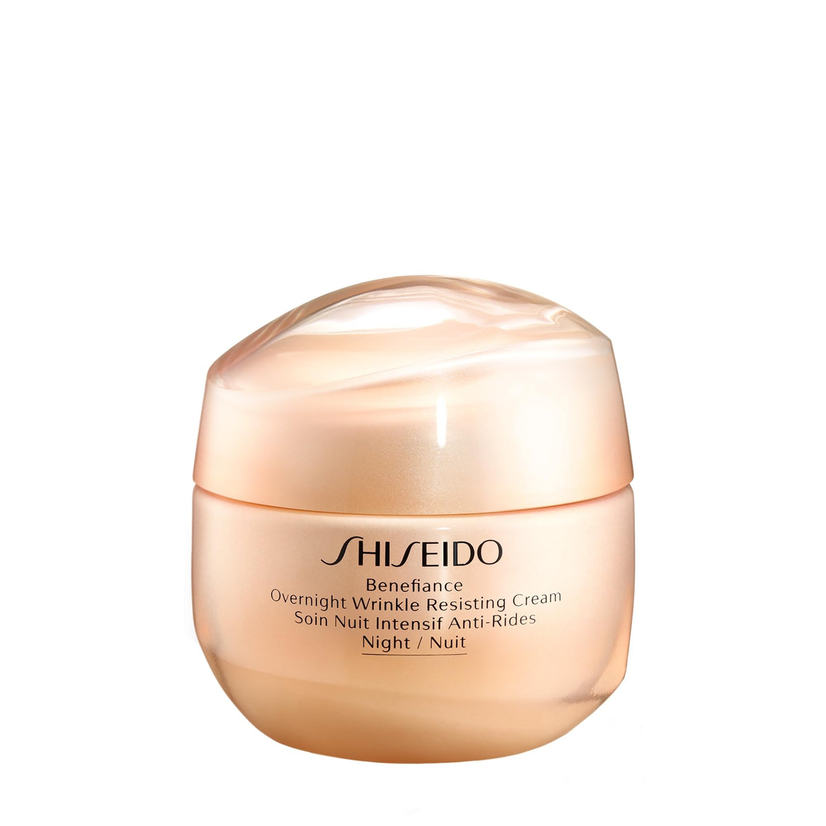 Shiseido Benefiance Overnight Wrinkle Resisting Cream jar shows smooth, moisturized surface for overnight care