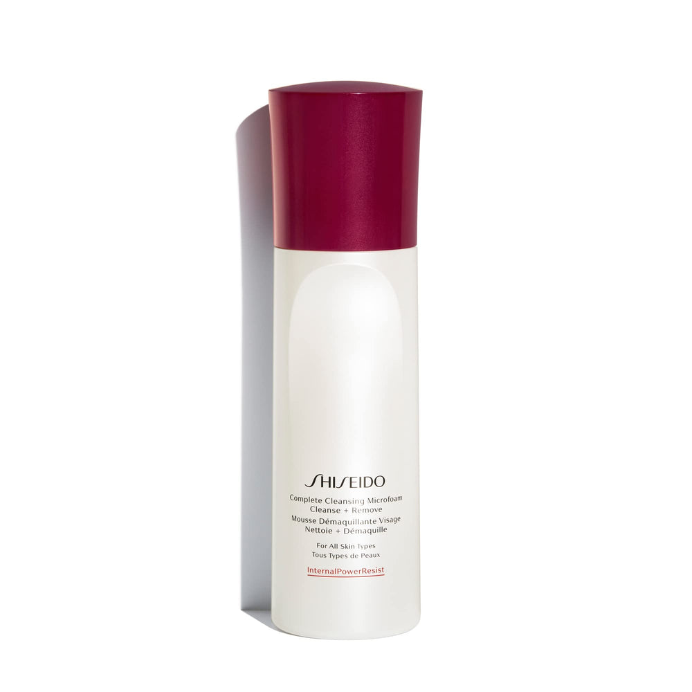 Shiseido Complete Cleansing Microfoam bottle; lightweight cleanser for all skin types.