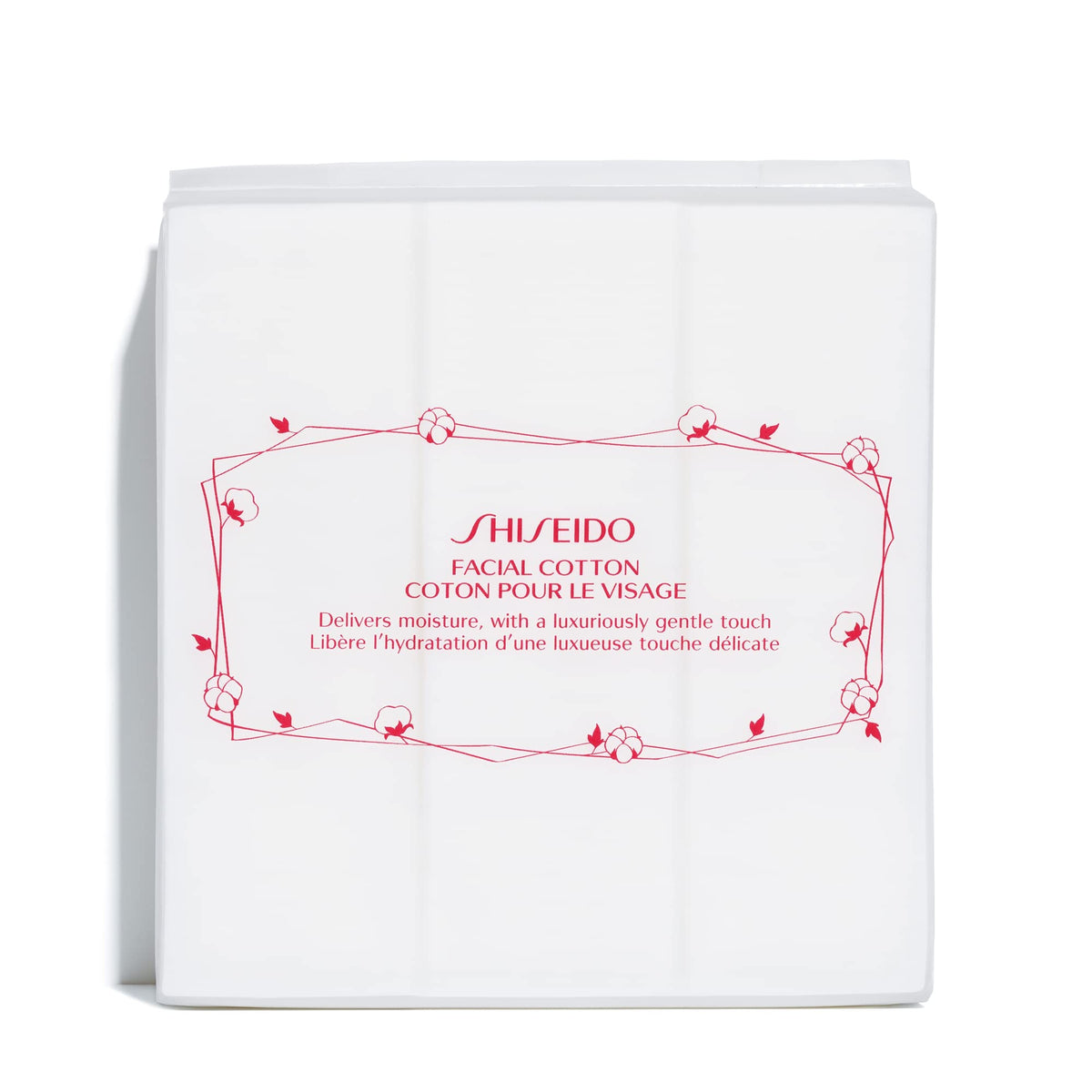 Shiseido facial cotton pads close-up with ultra-soft texture for gentle skincare.