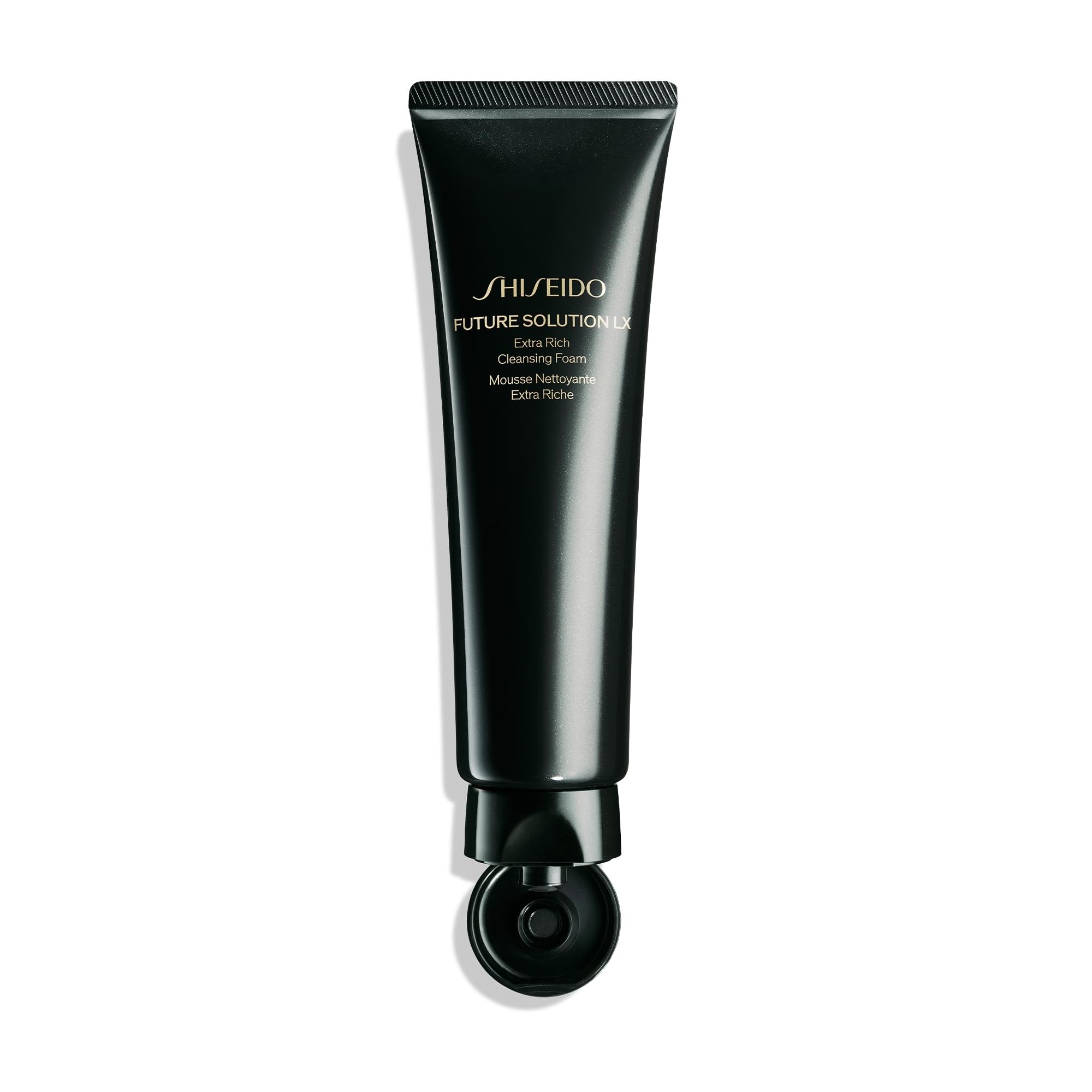 Shiseido Future Solution LX packaging-tube portrait emphasizes premium cleanser for all skin types.