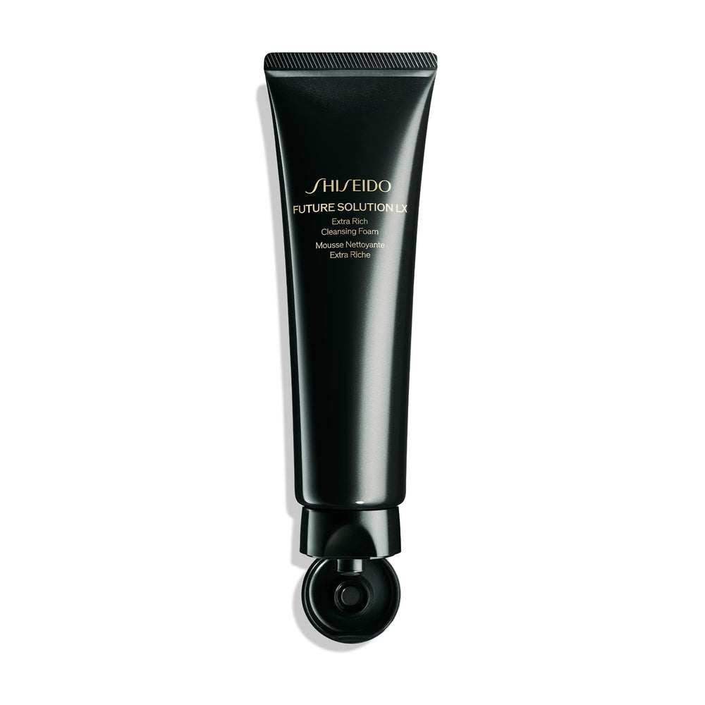 Shiseido Future Solution LX packaging-tube portrait emphasizes premium cleanser for all skin types.