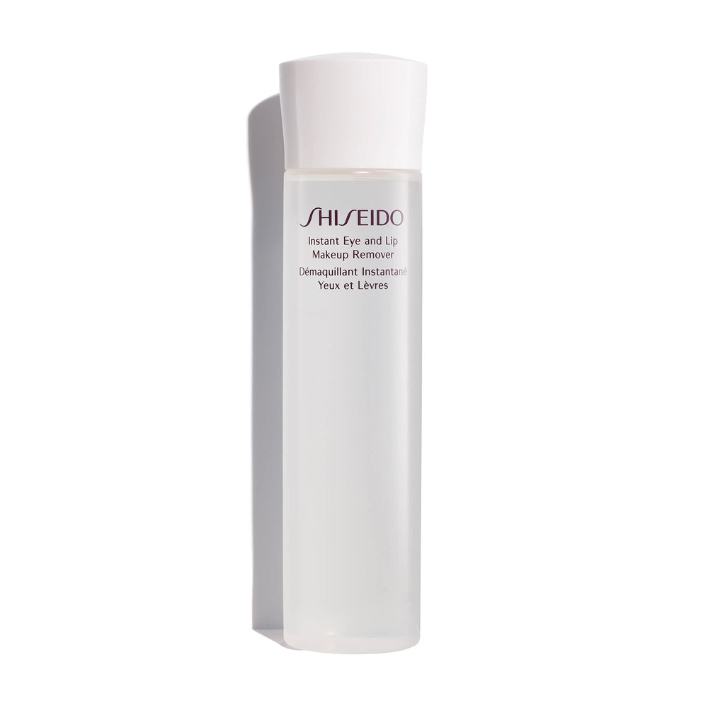 Shiseido Instant Eye & Lip Makeup Remover bottle dissolving waterproof makeup for a refreshed finish.
