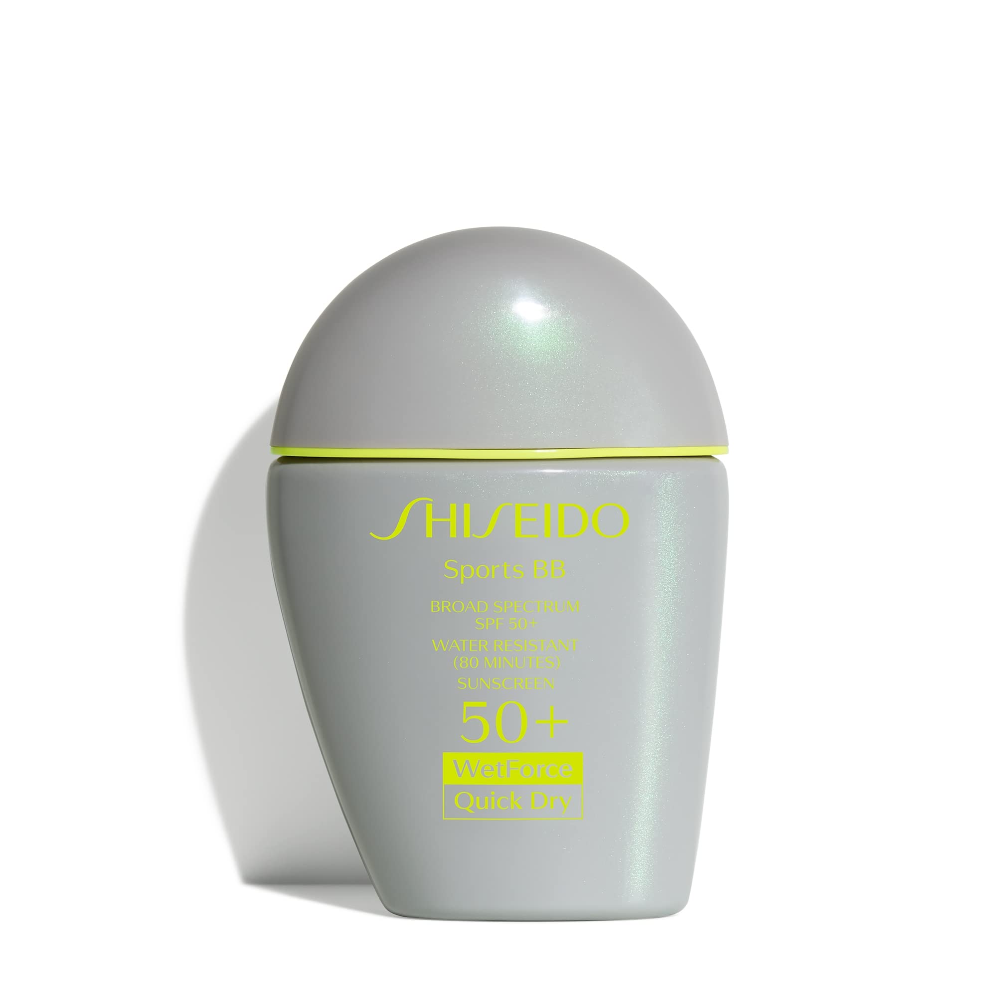 Shiseido Sports BB Cream SPF50 bottle-front showing quick-dry, non-sticky finish for all-day wear