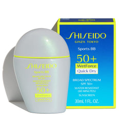 Shiseido Sports BB Cream SPF50 texture-swirl close-up showing natural contour and UVA/UVB coverage