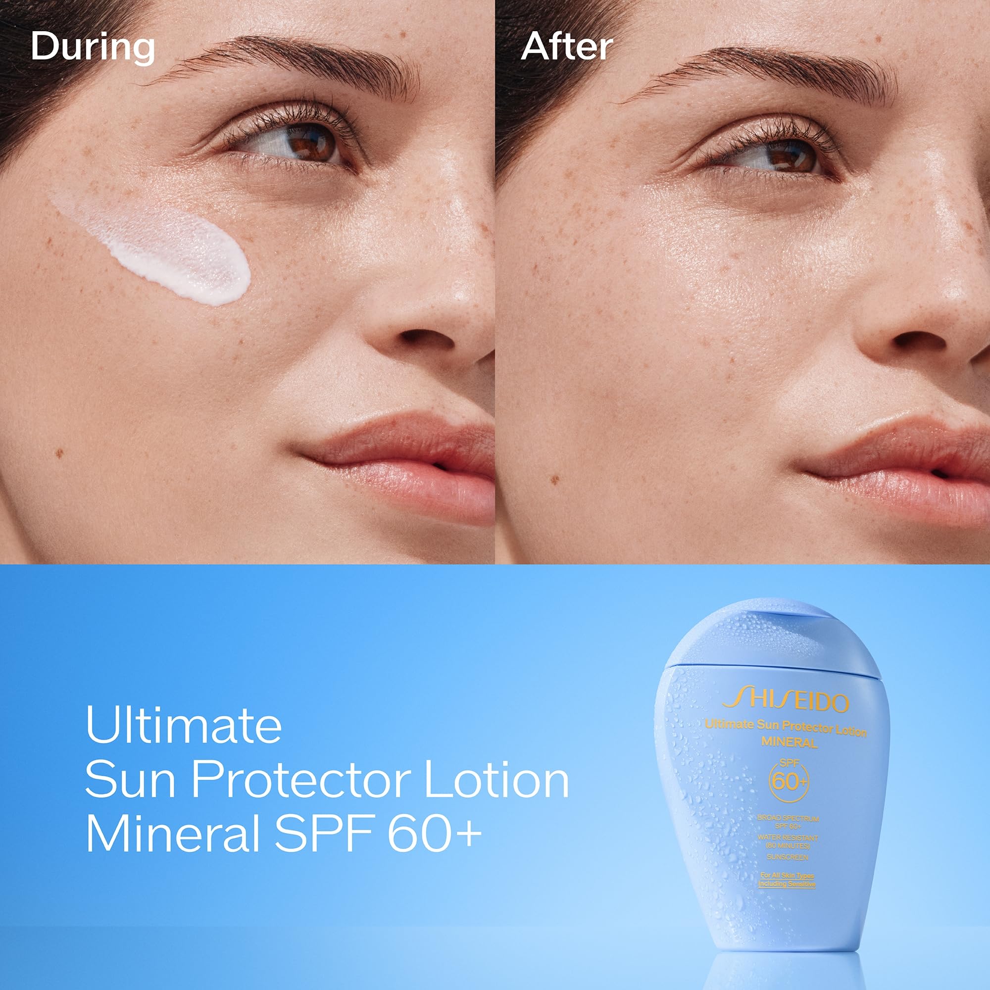 Shiseido Ultimate Sun Protector Lotion Mineral SPF 60+ face-application demonstrates quick, non-greasy facial protection.