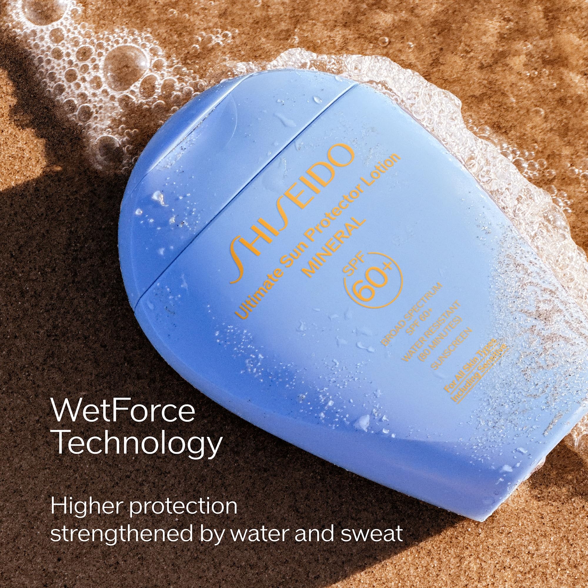 Shiseido Ultimate Sun Protector Lotion Mineral SPF 60+ sheer-texture emphasizes lightweight, breathable sunscreen feel.