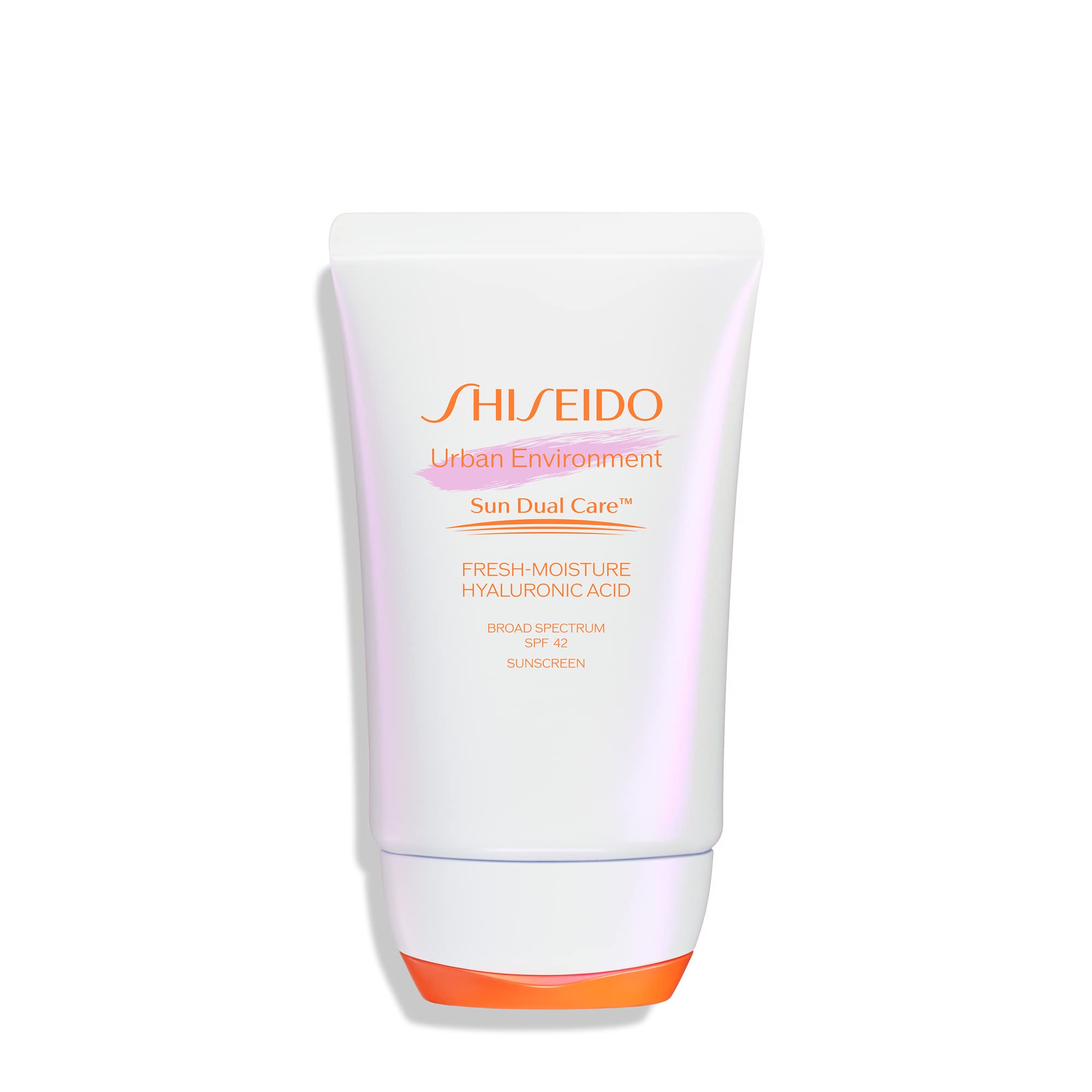 Shiseido Urban Environment Fresh-Moisture Sunscreen bottle demonstrates 12-hour hydration and UV protection.