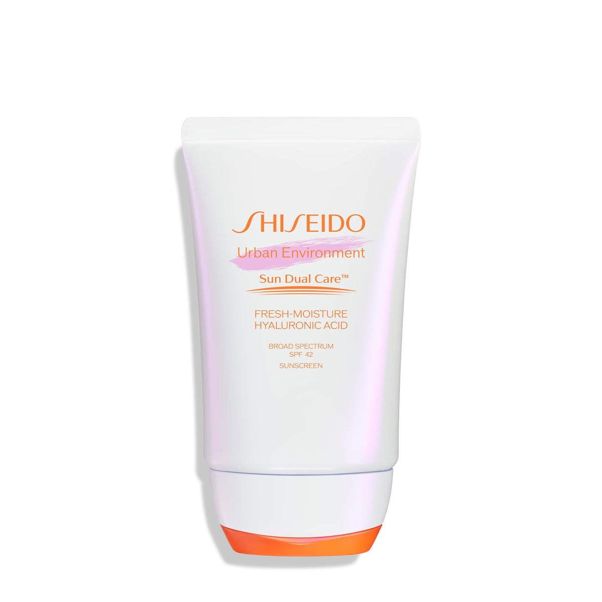 Shiseido Urban Environment Fresh-Moisture Sunscreen bottle demonstrates 12-hour hydration and UV protection.
